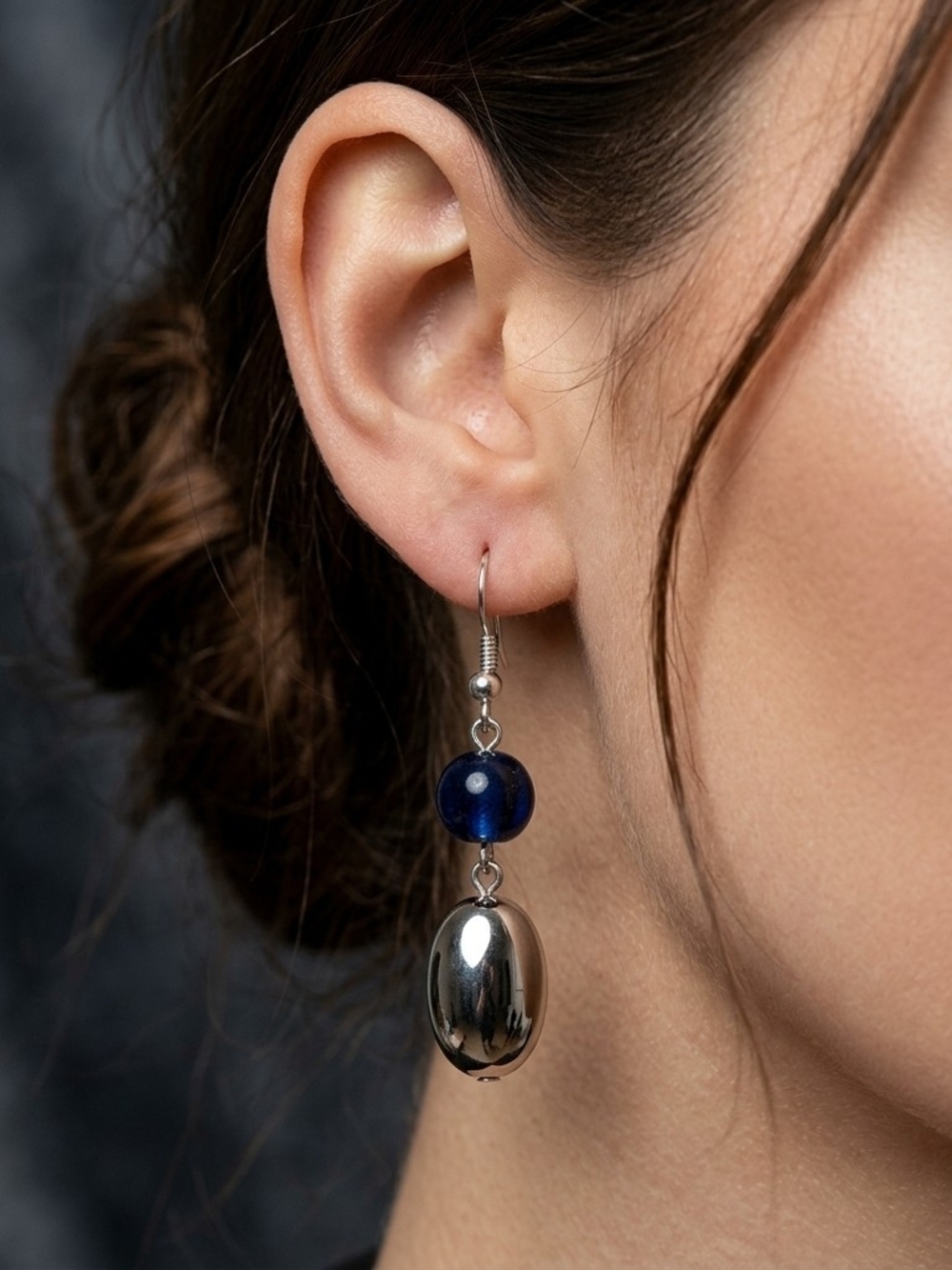 Handmade Silver Drop Earrings Blue Glass Bead 2" Boho Statement Liquid Metal